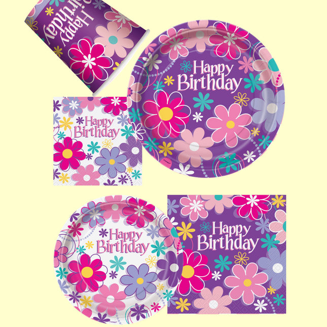 Assiettes à fleurs Happy Birthday 23cm 8pcs