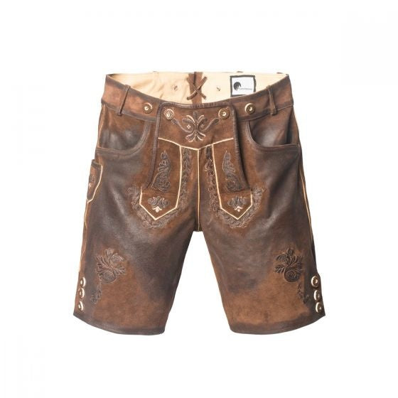 Bas en cuir Short en cuir marron foncé avec surpiqûres et bretelles