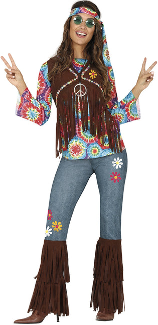 Hippie 60S Costume Coloured Ladies With Brown Vest