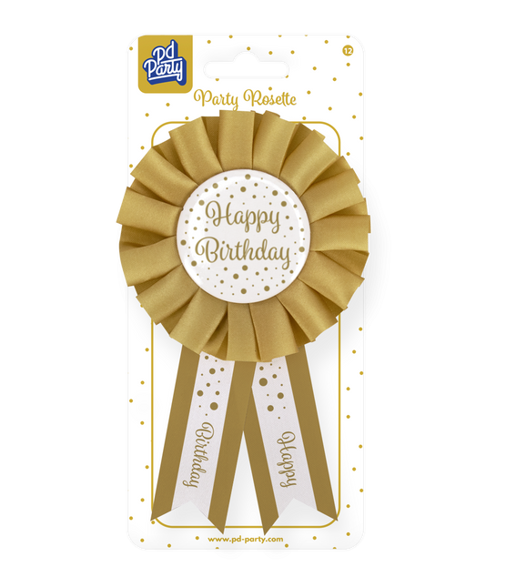 Rosette Happy Birthday Or Blanc 14cm