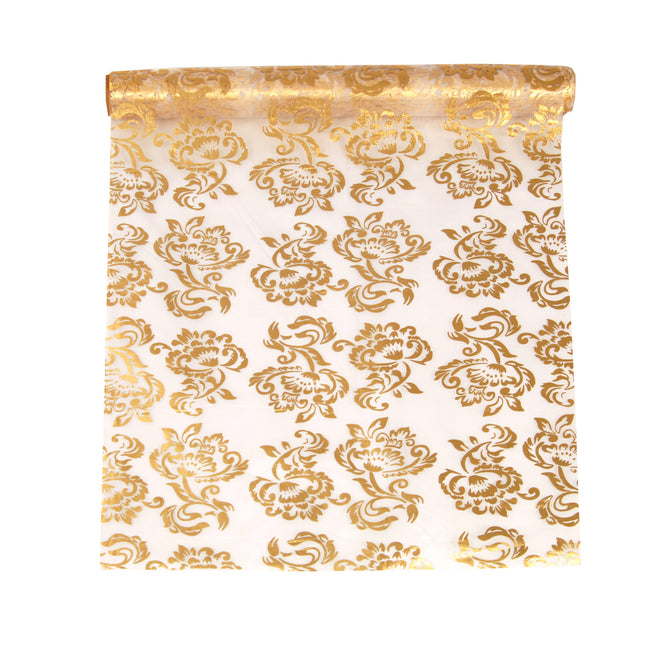 Tissu d'organza blanc imprimé de fleurs royales dorées et argentées 36cm 9m
