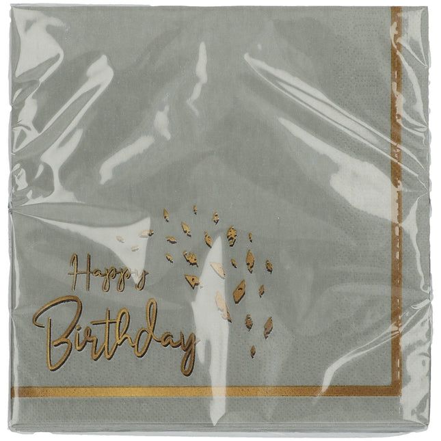 Serviettes de table Happy Birthday Gris Or 33cm 20pcs