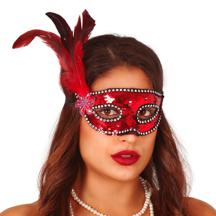 Masque rouge Plumes paillettes