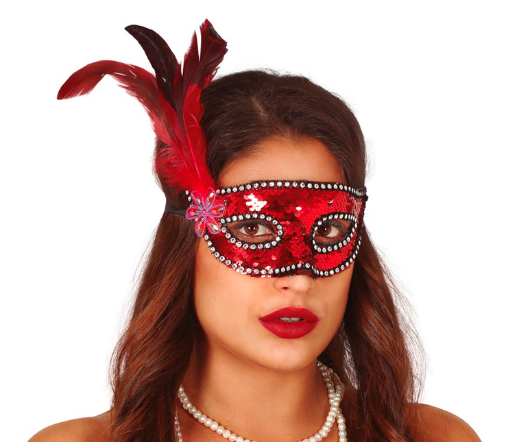 Masque rouge Plumes paillettes