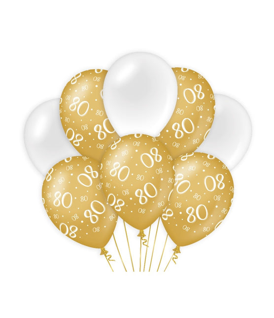 Ballons 80 ans or blanc 30cm 8pcs