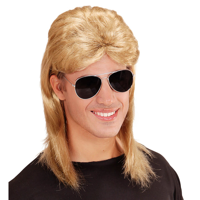 Perruque blonde Aso des années 80 avec lunettes