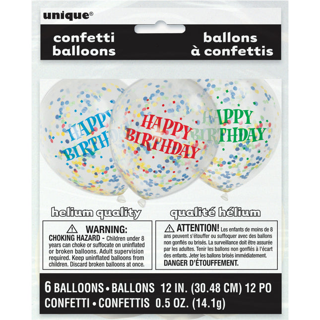 Ballons confettis Happy Birthday colorés 30cm 6pcs