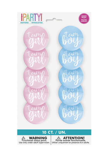 Boutons de révélation du sexe Team Boy et Team Girl 3cm 10pcs