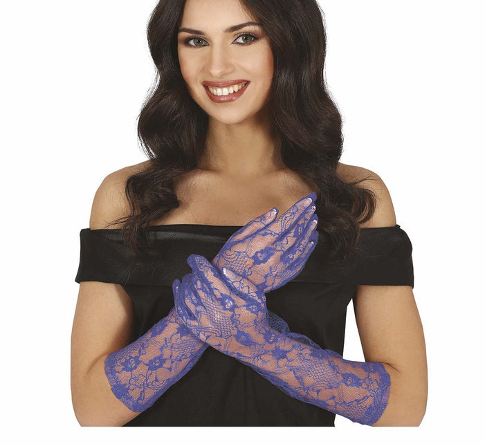 Gants bleus en dentelle 38cm