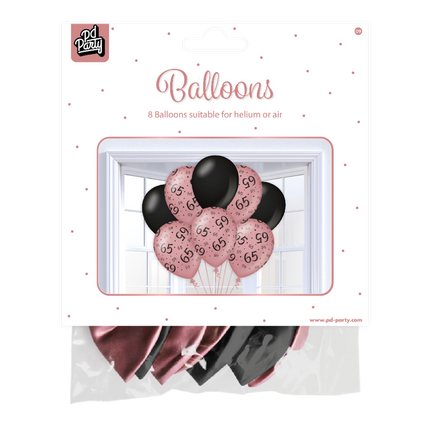 Ballons 65 ans Rose Noir 30cm 8pcs