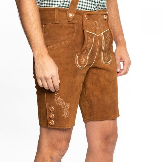 Lederhose Short en cuir marron et bretelles