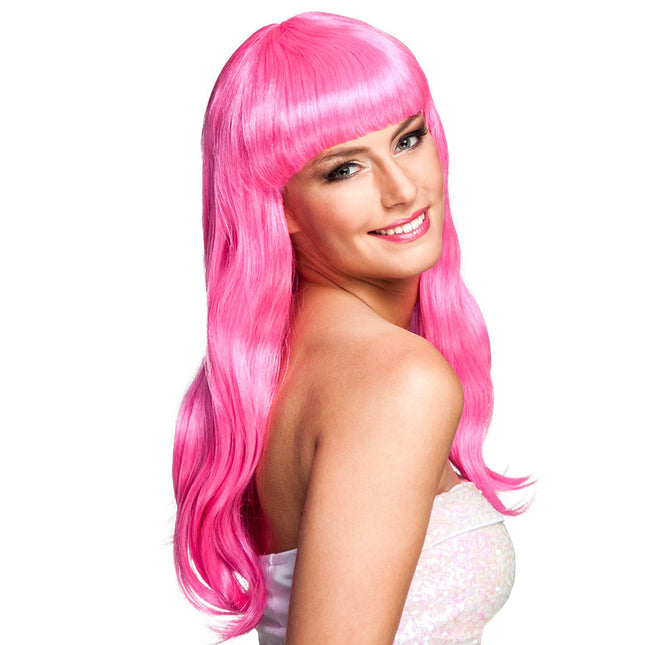 Perruque cheveux longs rose