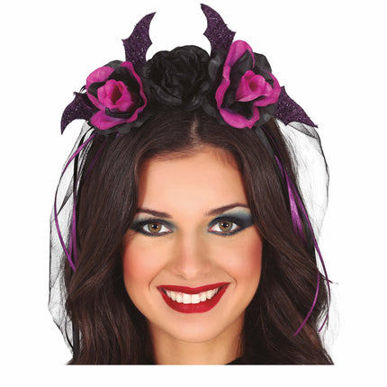 Bandeau d'Halloween noir, fleurs violettes et voile