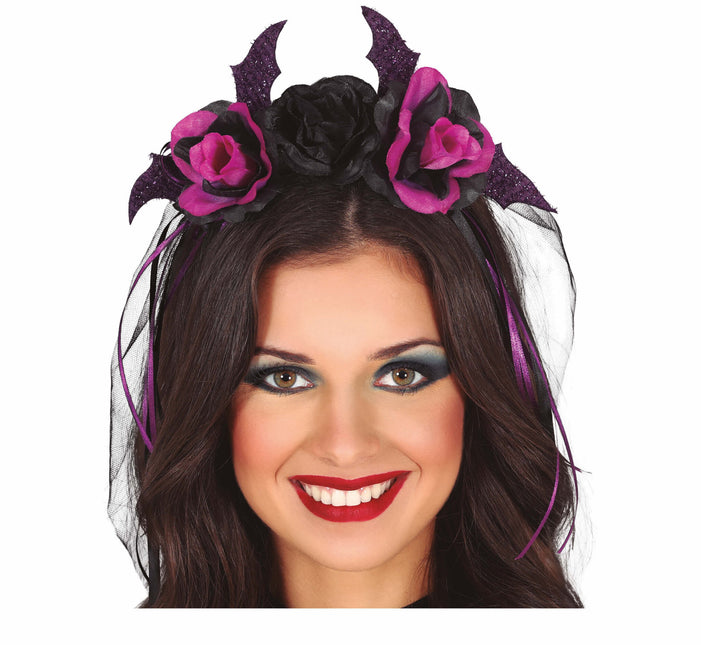 Bandeau d'Halloween noir, fleurs violettes et voile