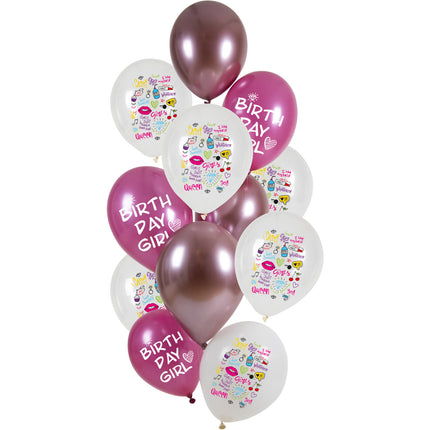 Ballons de baudruche Happy Birthday Girl 33cm 12pcs