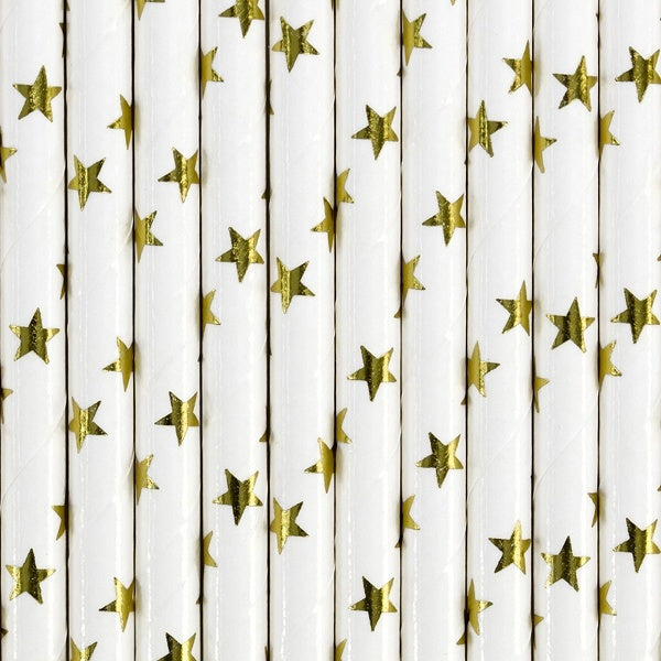 Pailles en papier dorées avec étoiles 19.5cm 10pcs