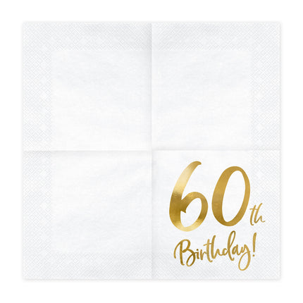 Serviettes 60 ans blanches 33cm 20pcs