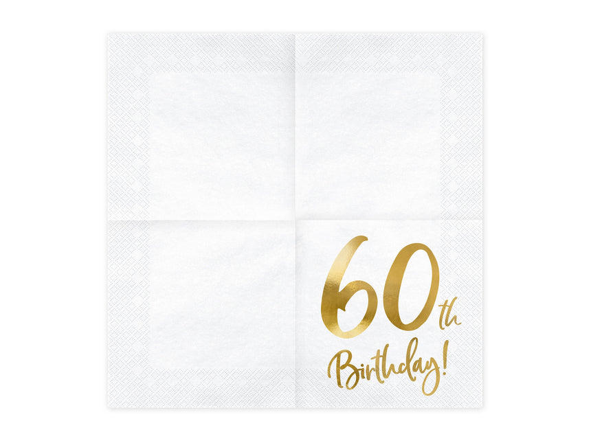 Serviettes 60 ans blanches 33cm 20pcs