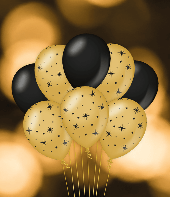 Ballons noirs dorés étoiles 30cm 6pcs