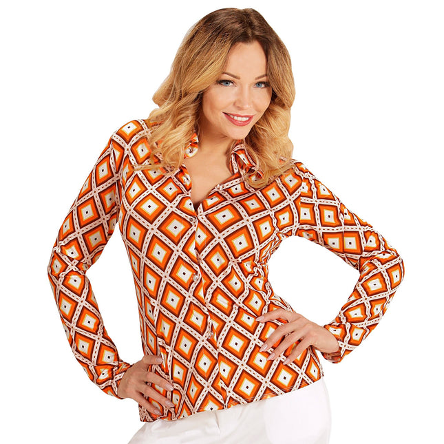 Chemisier Disco 70S Orange Ladies Plaid