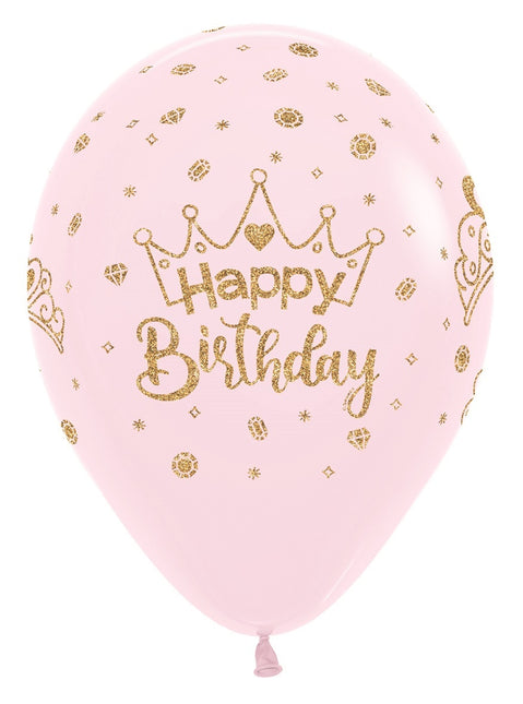 Ballons Happy Birthday Crowns Glitter Ink Pastel Matte Pink 30cm 25pcs