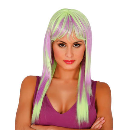 Perruque cheveux longs jaune fluo violet