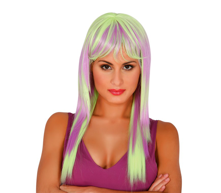 Perruque cheveux longs jaune fluo violet