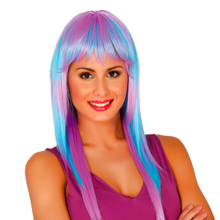 Perruque cheveux longs bleu rose