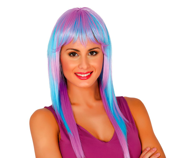 Perruque cheveux longs bleu rose