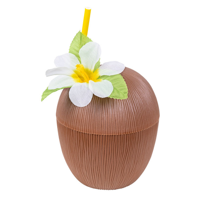 Coupe de noix de coco avec fleur en plastique 10cm