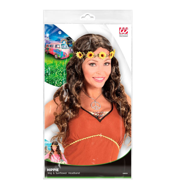 Perruque Hippie 60S brune avec bandeau en forme de tournesol