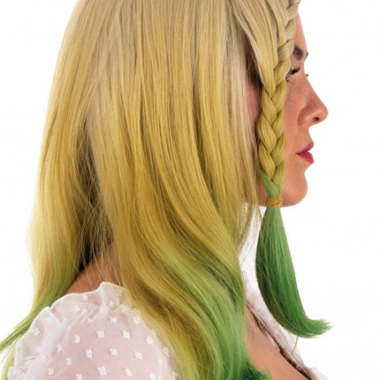 Perruque longue avec tresses et boucles blonde et verte