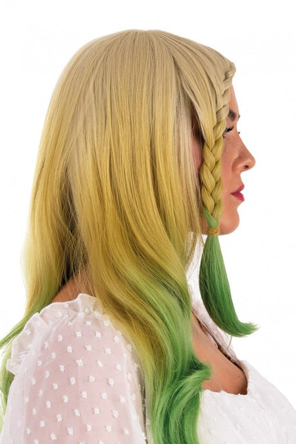 Perruque longue avec tresses et boucles blonde et verte