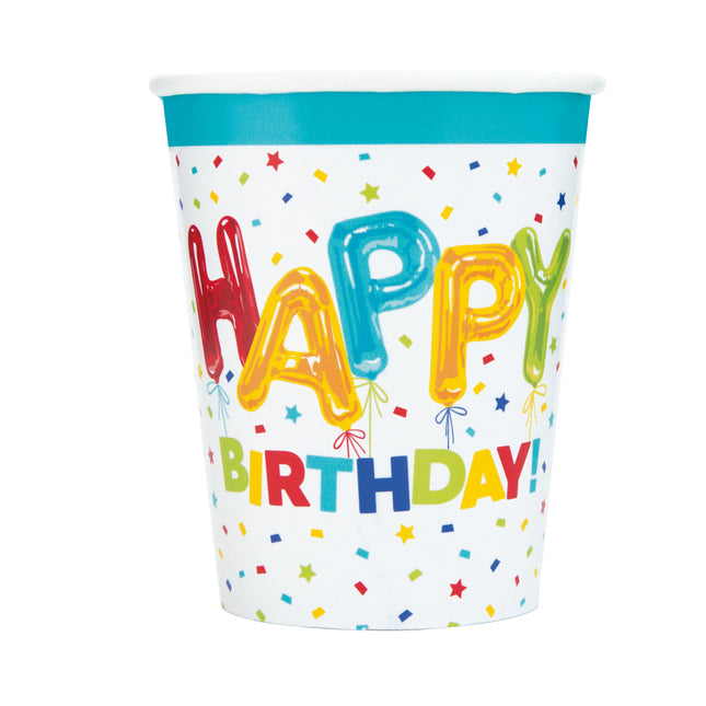 Gobelets colorés Happy Birthday Confetti 266ml 8pcs