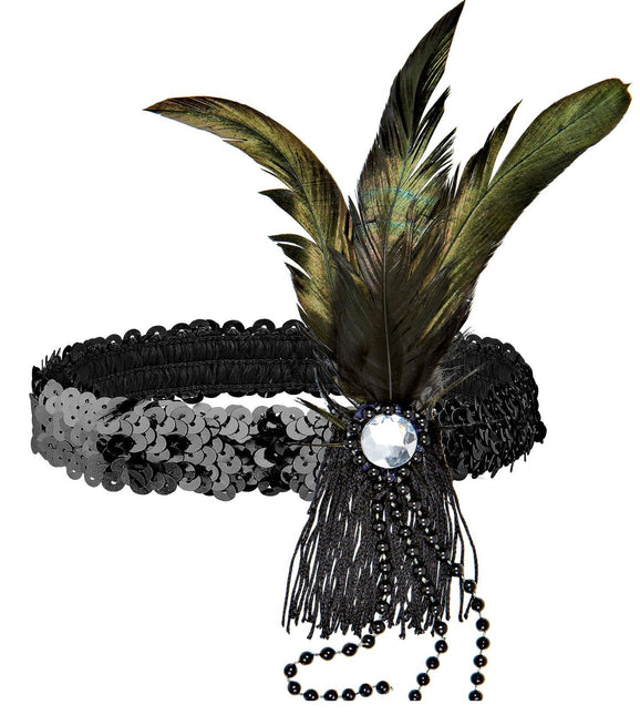 Bandeau noir avec paillettes et plumes