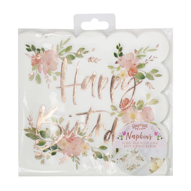 Serviettes de table Joyeux Anniversaire Fleurs 16.5cm 16pcs