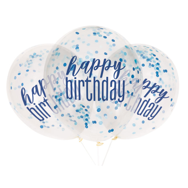 Ballons d'anniversaire Happy Birthday Confetti Blue 30cm 6pcs