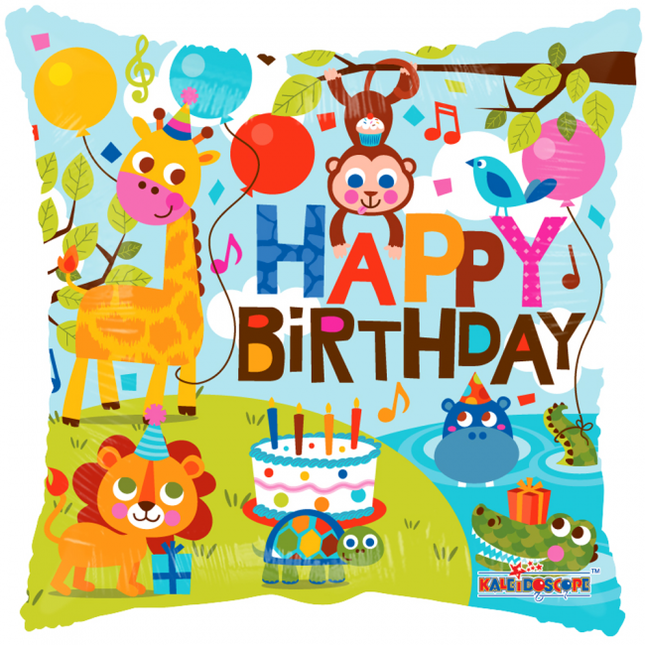 Ballon à hélium carré Happy Birthday Jungle 45cm vide