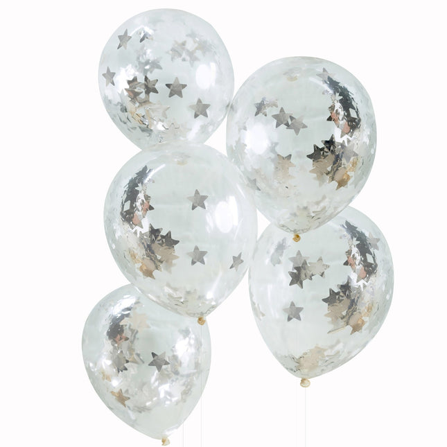 Ballons Confetti Argentés Étoiles 30cm 5pcs