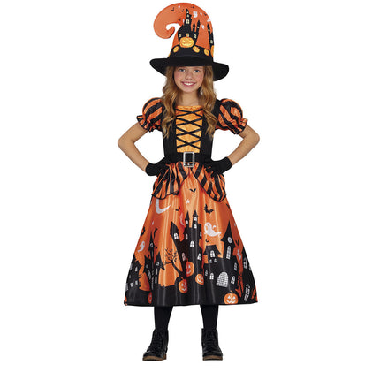 Costume d'Halloween sorcière fille citrouille orange