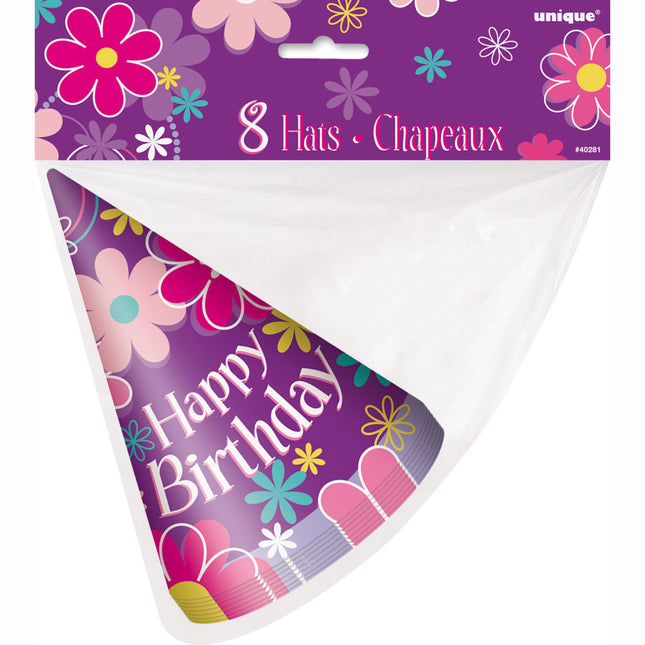 Chapeaux de fête à fleurs Happy Birthday 8pcs