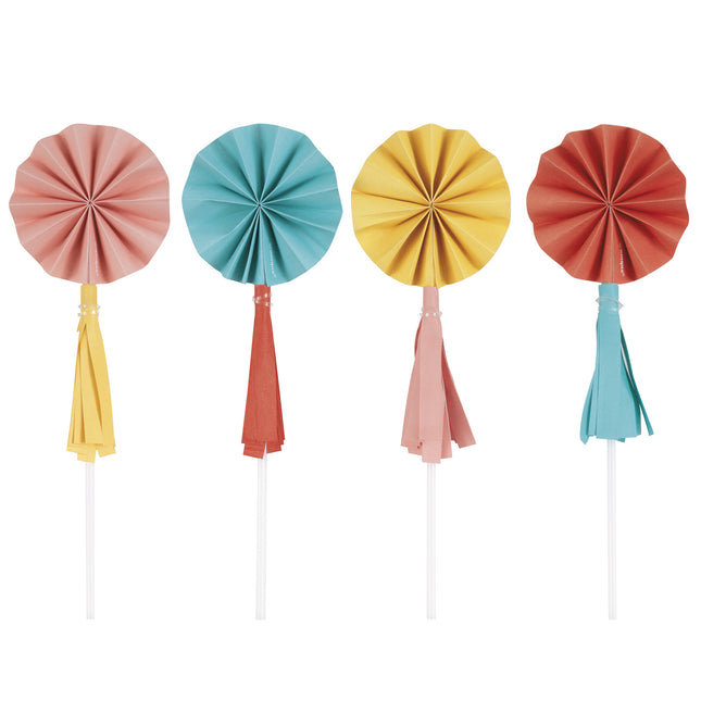 Décorations colorées pour petits gâteaux Mini éventail avec pompons 8pcs