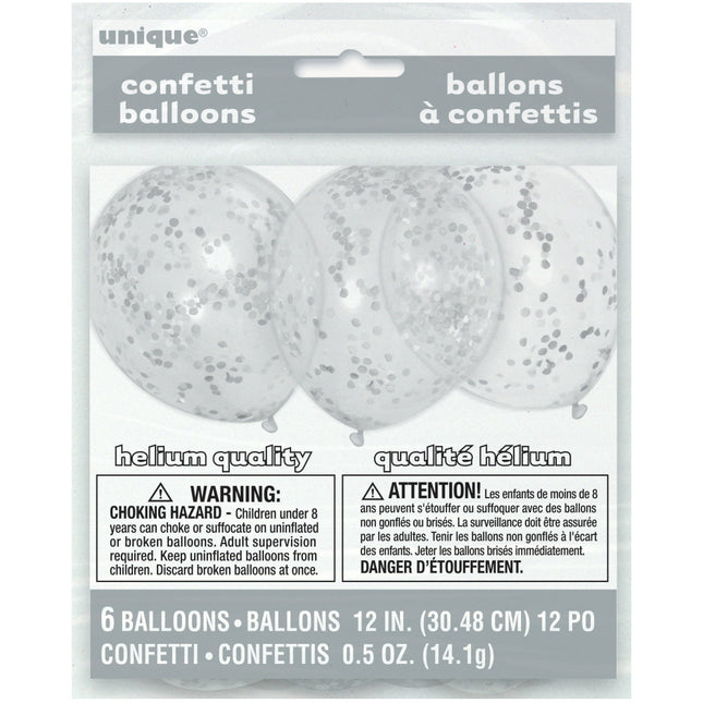 Ballons Confetti Argent 30cm 6pcs