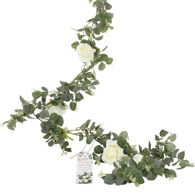 Guirlande de fleurs Eucalyptus & Roses blanches 2m