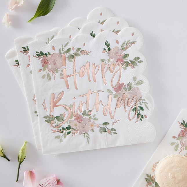 Serviettes de table Joyeux Anniversaire Fleurs 16.5cm 16pcs