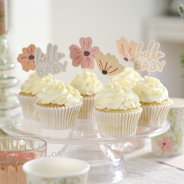 Dessus de cupcake pour la fête de bébé Hello Baby 12pcs