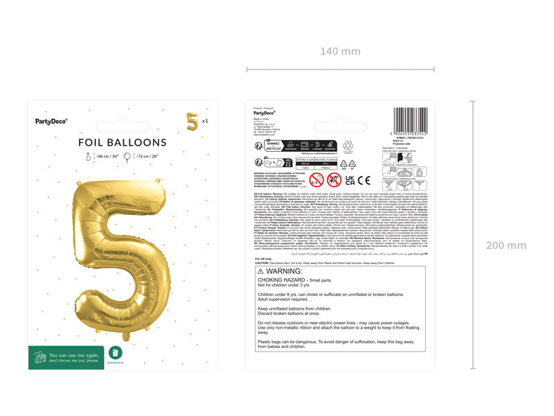 5 Year Figure Balloon Gold Empty 72cm