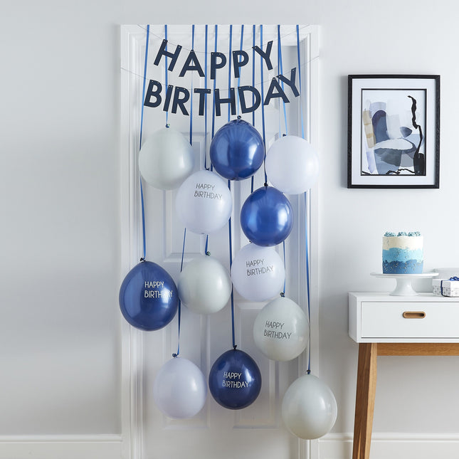 Rideau de porte bleu joyeux anniversaire avec ballons