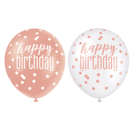 Happy Birthday Balloons Rose Gold 30cm 6pcs