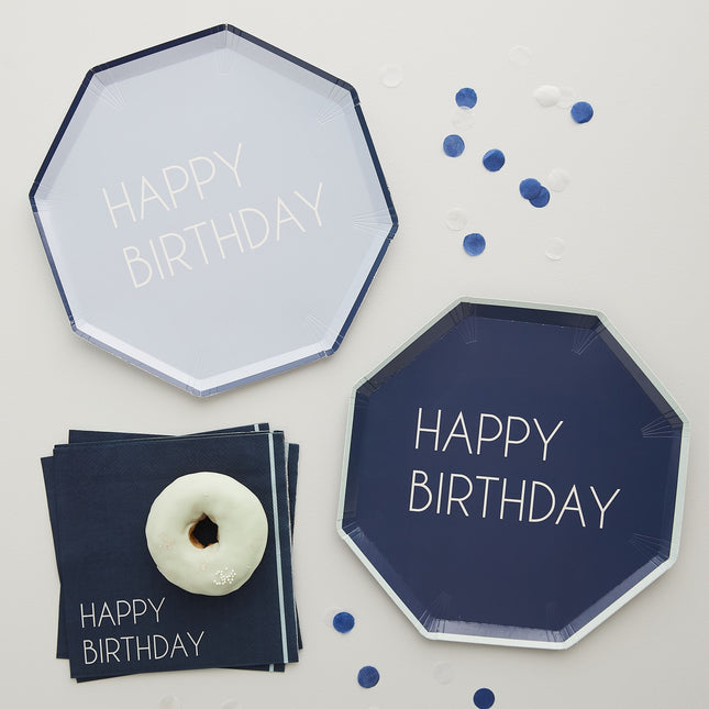 Assiettes Happy Birthday bleues 25cm 8pcs